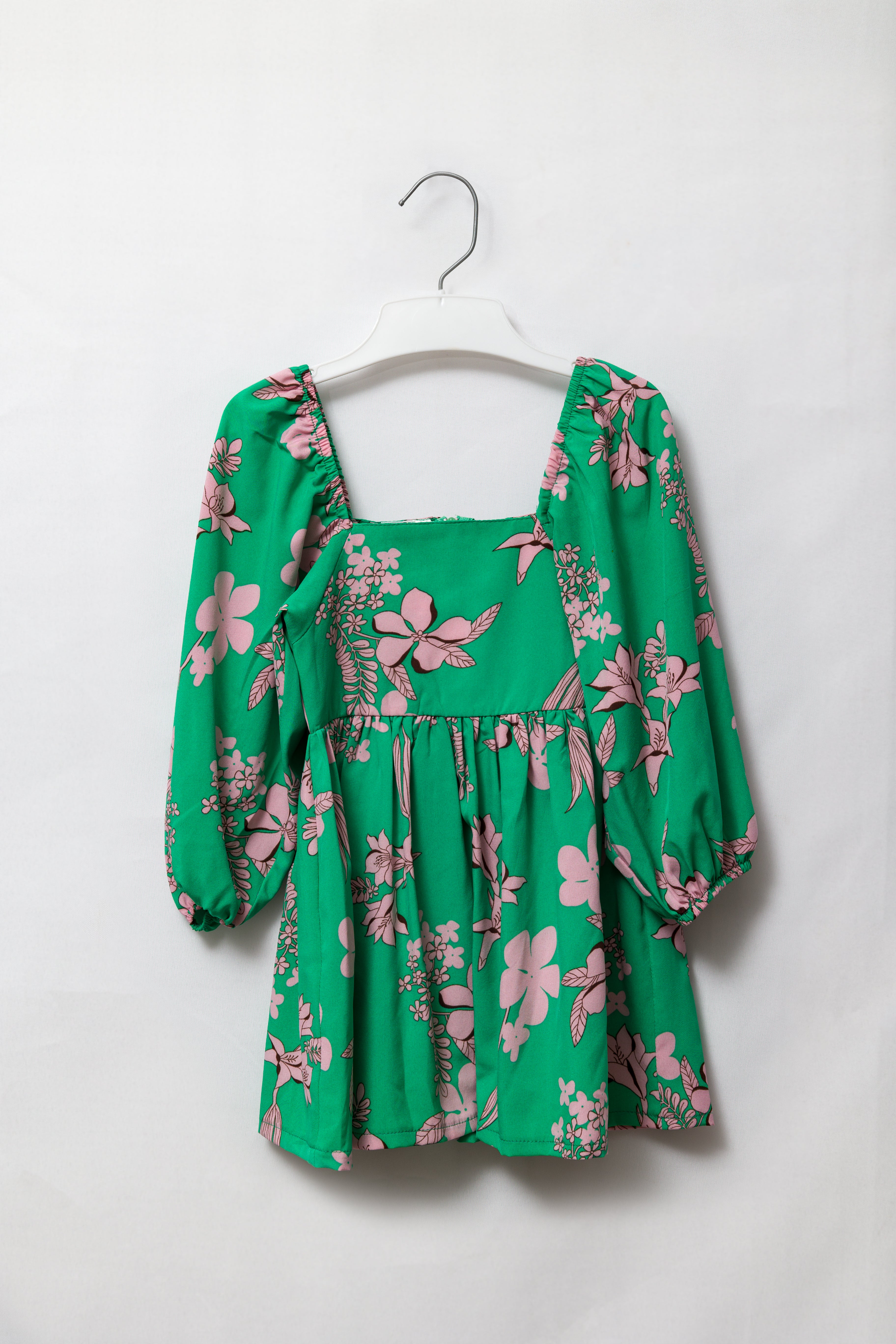 Green & Pink Floral Long Sleeve Babydoll Dress