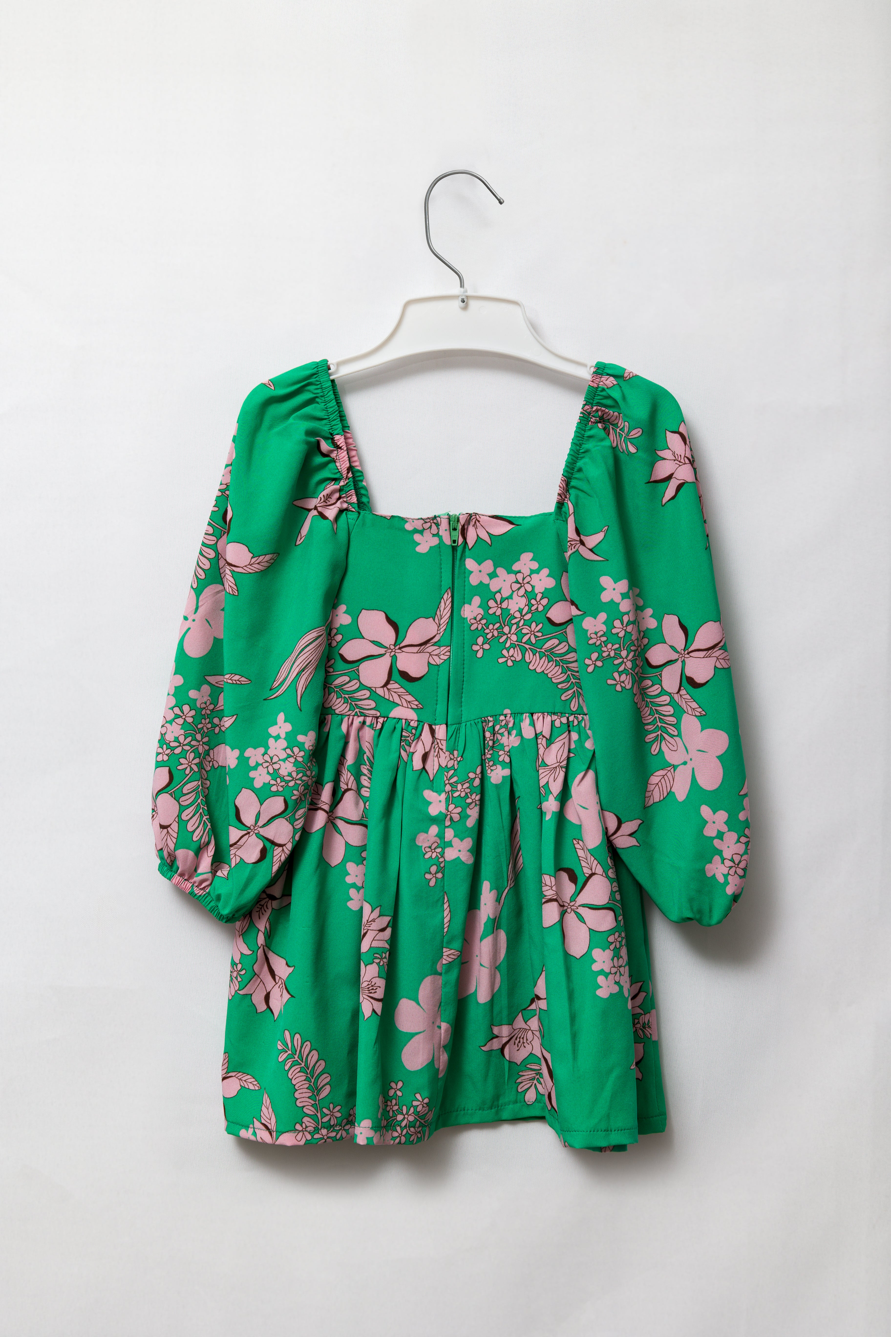 Green & Pink Floral Long Sleeve Babydoll Dress